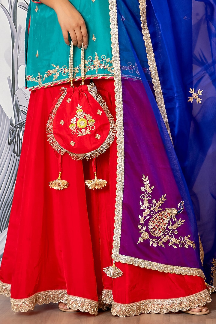 Red Pure Spun Silk Marodi Embroidered Party Wear Sharara Set by Yuvrani Jaipur at Pernia's Pop Up Shop