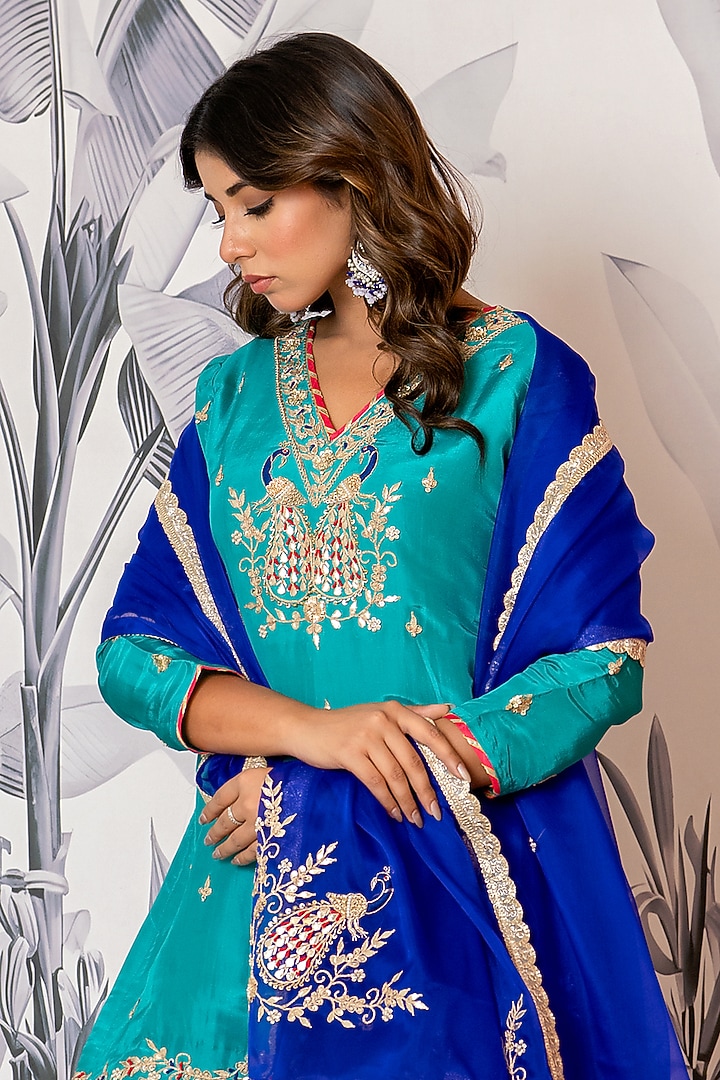 Red Pure Spun Silk Marodi Embroidered Party Wear Sharara Set by Yuvrani Jaipur at Pernia's Pop Up Shop