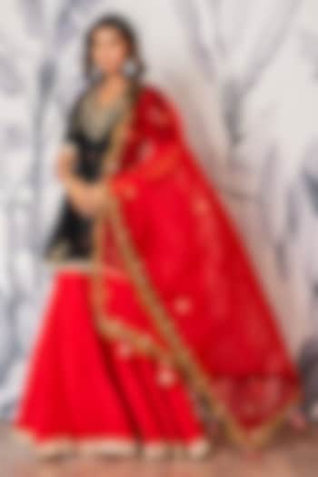 Red Pure Spun Silk Marodi Embroidered Party Wear Sharara Set by Yuvrani Jaipur at Pernia's Pop Up Shop