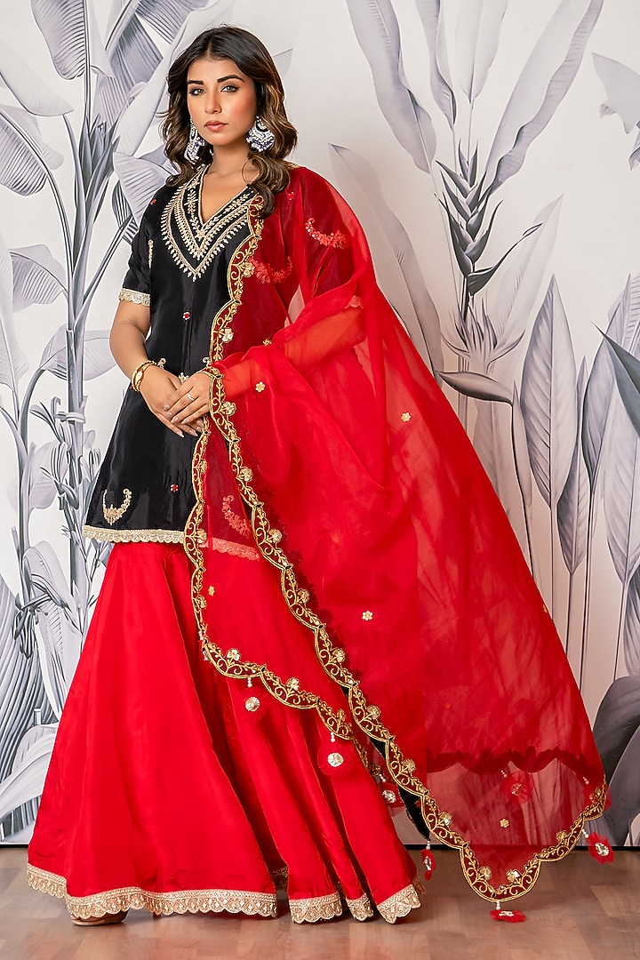 Red Pure Spun Silk Marodi Embroidered Party Wear Sharara Set by Yuvrani Jaipur at Pernia's Pop Up Shop