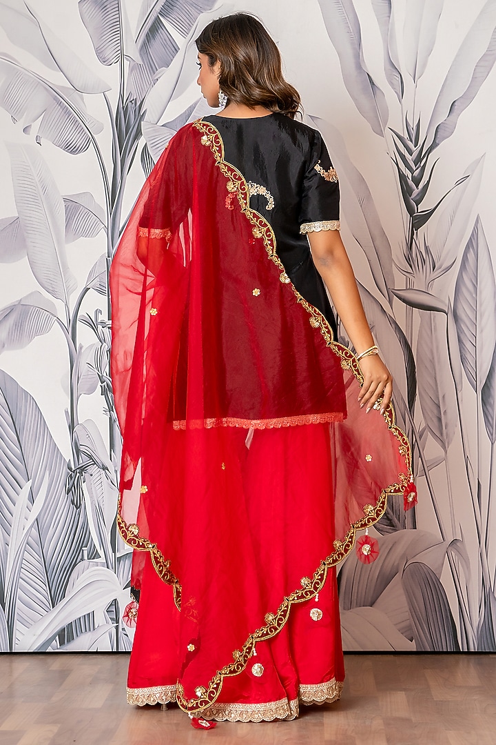 Red Pure Spun Silk Marodi Embroidered Party Wear Sharara Set by Yuvrani Jaipur at Pernia's Pop Up Shop