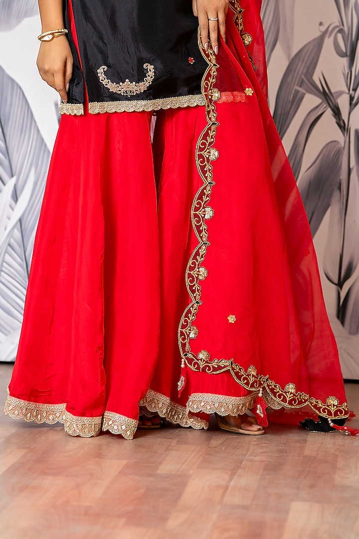 Red Pure Spun Silk Marodi Embroidered Party Wear Sharara Set by Yuvrani Jaipur at Pernia's Pop Up Shop