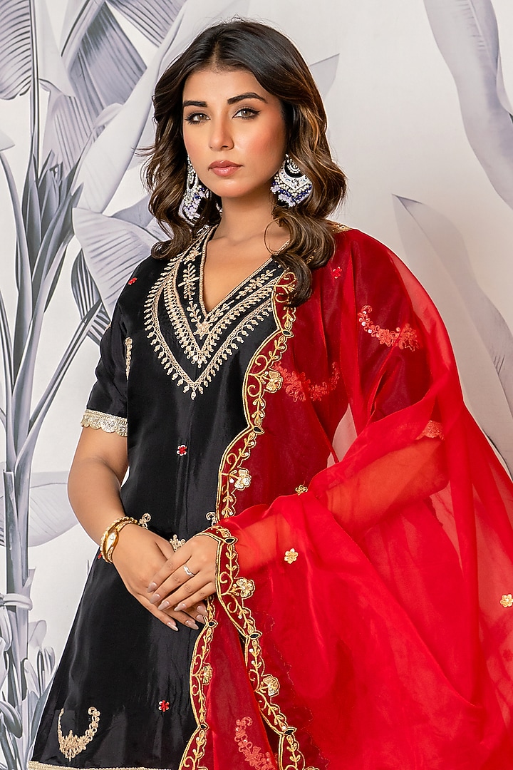 Red Pure Spun Silk Marodi Embroidered Party Wear Sharara Set by Yuvrani Jaipur at Pernia's Pop Up Shop