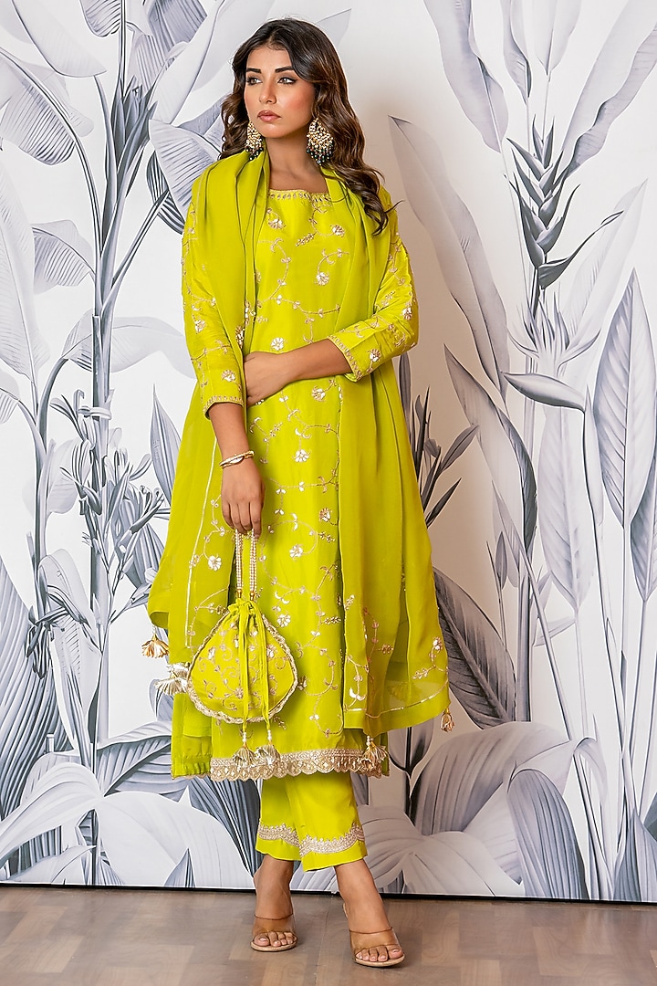 Neon Green Pure Spun Silk Marodi Hand Embroidered Kurta Set by Yuvrani Jaipur at Pernia's Pop Up Shop