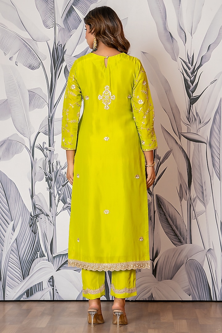 Neon Green Pure Spun Silk Marodi Hand Embroidered Kurta Set by Yuvrani Jaipur at Pernia's Pop Up Shop