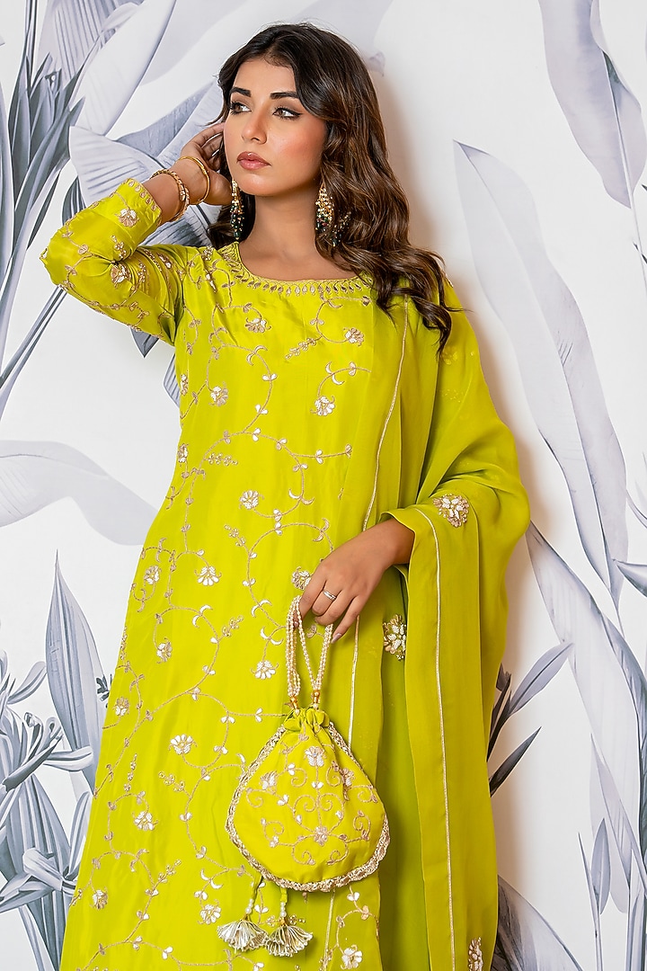 Neon Green Pure Spun Silk Marodi Hand Embroidered Kurta Set by Yuvrani Jaipur at Pernia's Pop Up Shop