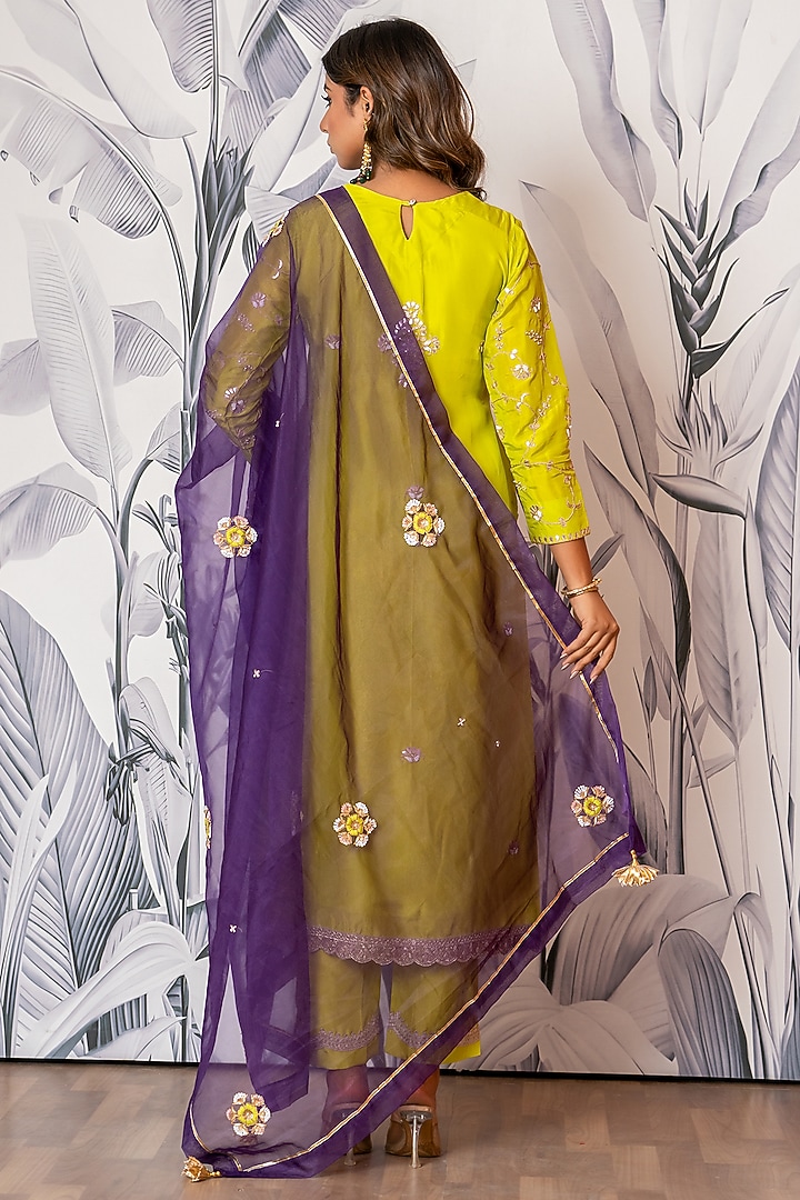 Neon Green Pure Spun Silk Marodi Hand Embroidered Kurta Set by Yuvrani Jaipur at Pernia's Pop Up Shop