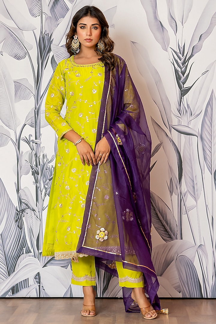 Neon Green Pure Spun Silk Marodi Hand Embroidered Kurta Set by Yuvrani Jaipur at Pernia's Pop Up Shop