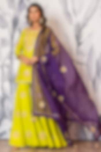 Neon Green Pure Spun Silk Marodi Embroidered Party Wear Sharara Set by Yuvrani Jaipur at Pernia's Pop Up Shop