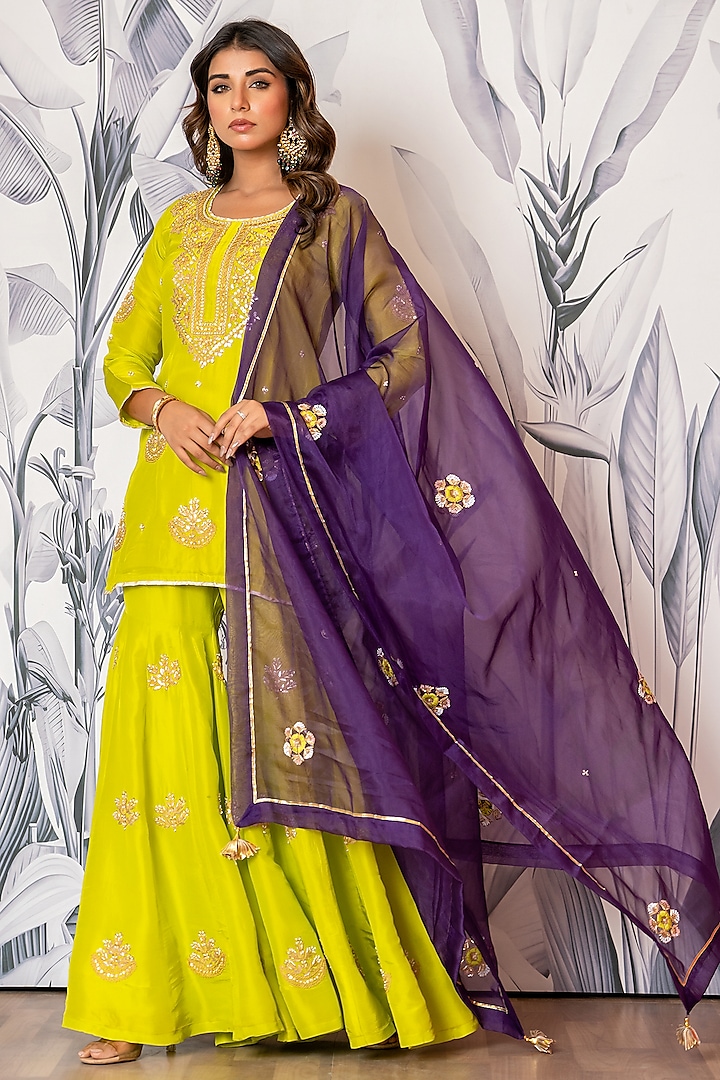 Neon Green Pure Spun Silk Marodi Embroidered Party Wear Sharara Set by Yuvrani Jaipur at Pernia's Pop Up Shop