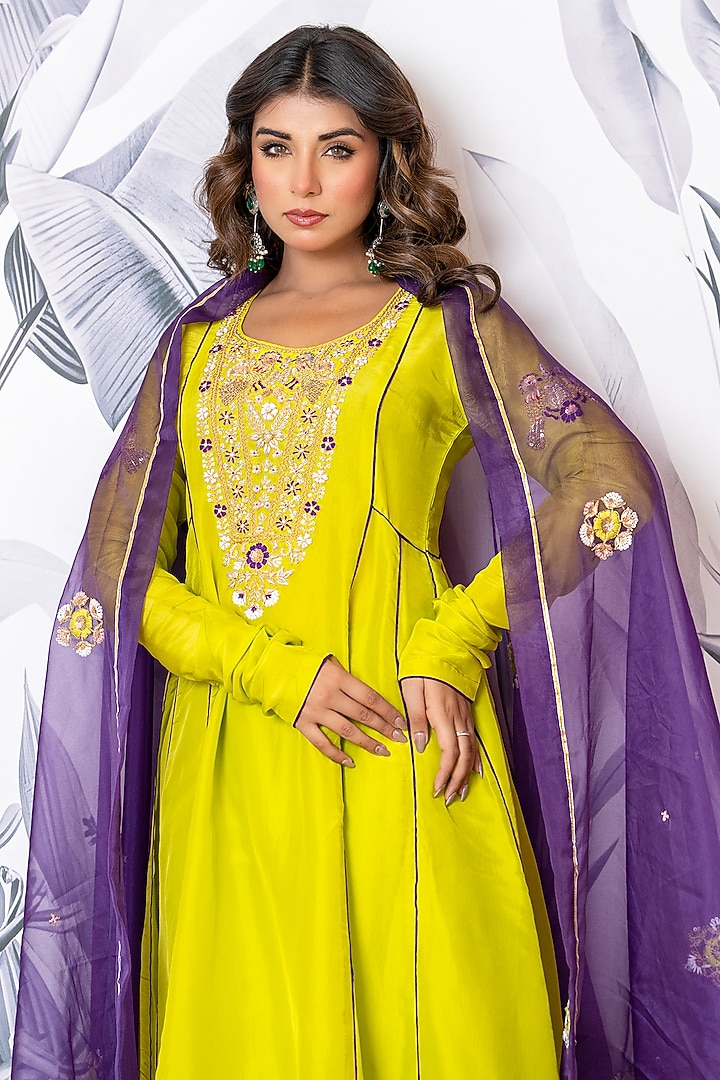 Neon Green Pure Spun Silk Marodi Embroidered Kurta Set by Yuvrani Jaipur at Pernia's Pop Up Shop