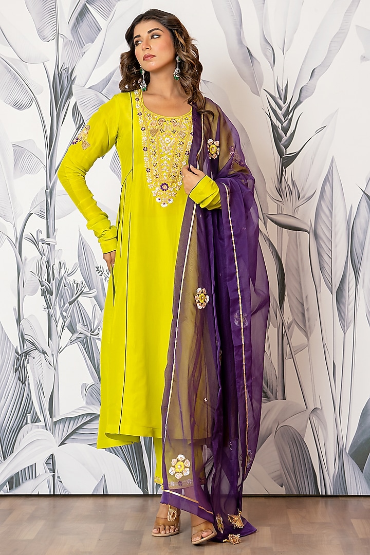 Neon Green Pure Spun Silk Marodi Embroidered Kurta Set by Yuvrani Jaipur at Pernia's Pop Up Shop