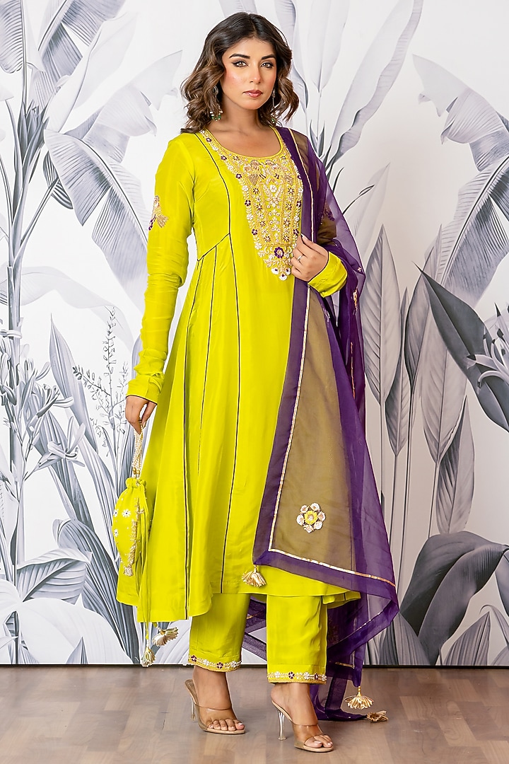 Neon Green Pure Spun Silk Marodi Embroidered Kurta Set by Yuvrani Jaipur at Pernia's Pop Up Shop