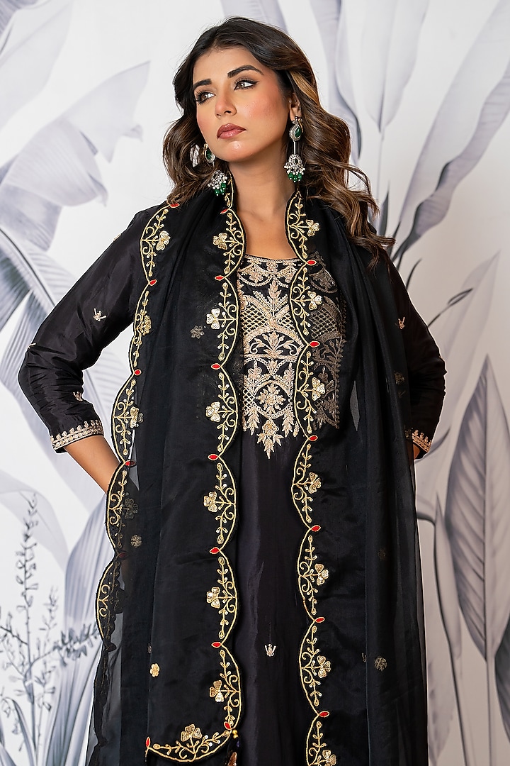 Black Pure Spun Silk Marodi Embroidered Kurta Set by Yuvrani Jaipur at Pernia's Pop Up Shop