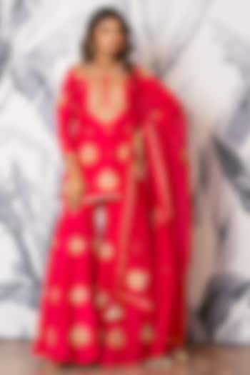 Hot Pink Pure Spun Silk Marodi Embroidered Party Wear Sharara Set by Yuvrani Jaipur at Pernia's Pop Up Shop