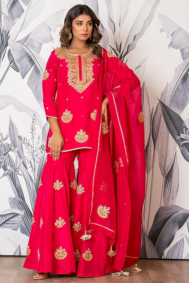 Hot Pink Pure Spun Silk Marodi Embroidered Party Wear Sharara Set by Yuvrani Jaipur at Pernia's Pop Up Shop