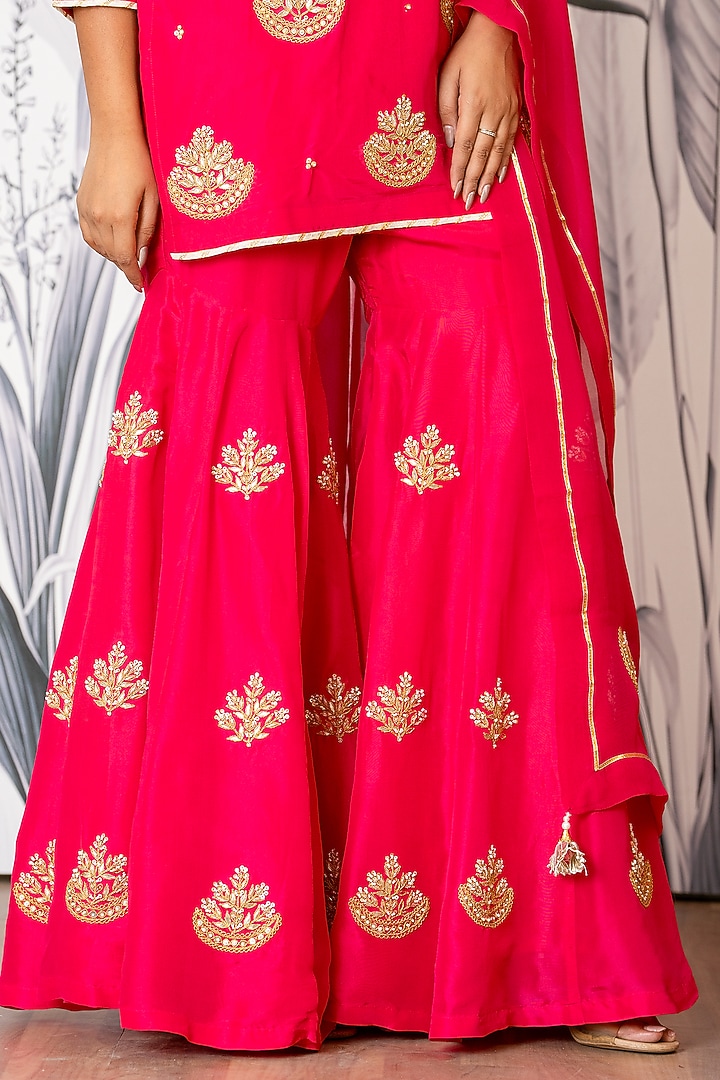 Hot Pink Pure Spun Silk Marodi Embroidered Party Wear Sharara Set by Yuvrani Jaipur at Pernia's Pop Up Shop