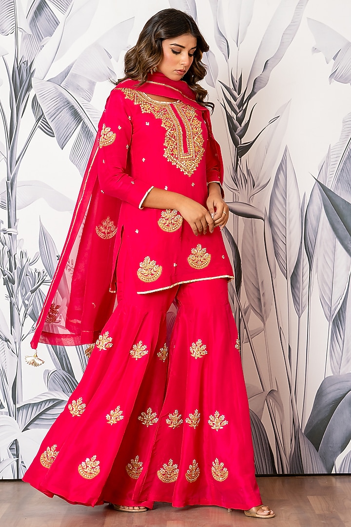 Hot Pink Pure Spun Silk Marodi Embroidered Party Wear Sharara Set by Yuvrani Jaipur at Pernia's Pop Up Shop