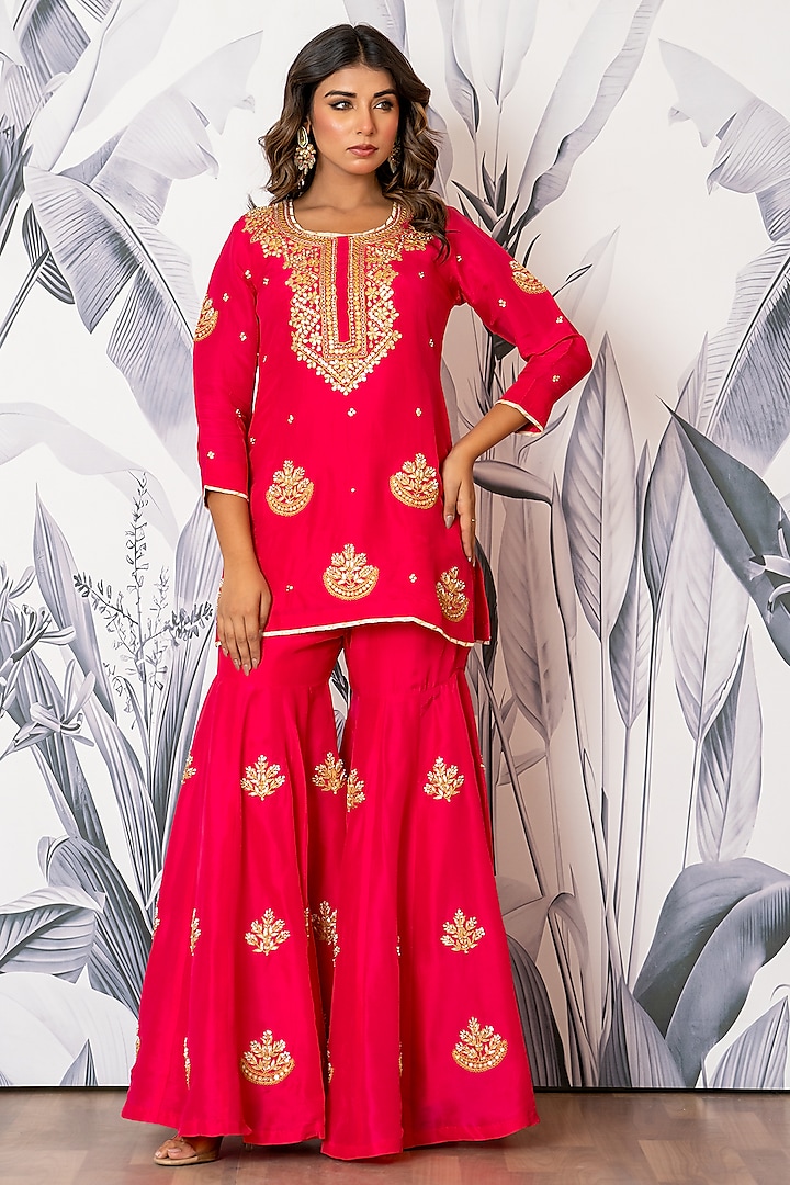 Hot Pink Pure Spun Silk Marodi Embroidered Party Wear Sharara Set by Yuvrani Jaipur at Pernia's Pop Up Shop