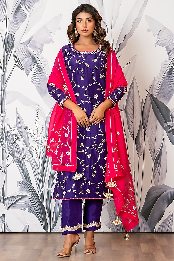 Purple Pure Spun Silk Marodi Embroidered Kurta Set by Yuvrani Jaipur at Pernia's Pop Up Shop