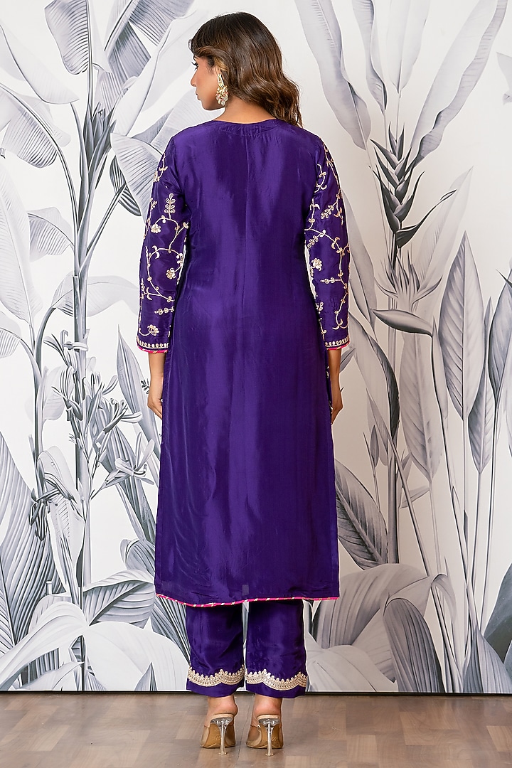 Purple Pure Spun Silk Marodi Embroidered Kurta Set by Yuvrani Jaipur at Pernia's Pop Up Shop