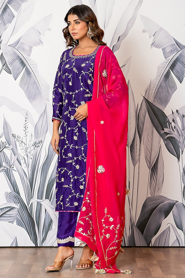 Purple Pure Spun Silk Marodi Embroidered Kurta Set by Yuvrani Jaipur at Pernia's Pop Up Shop