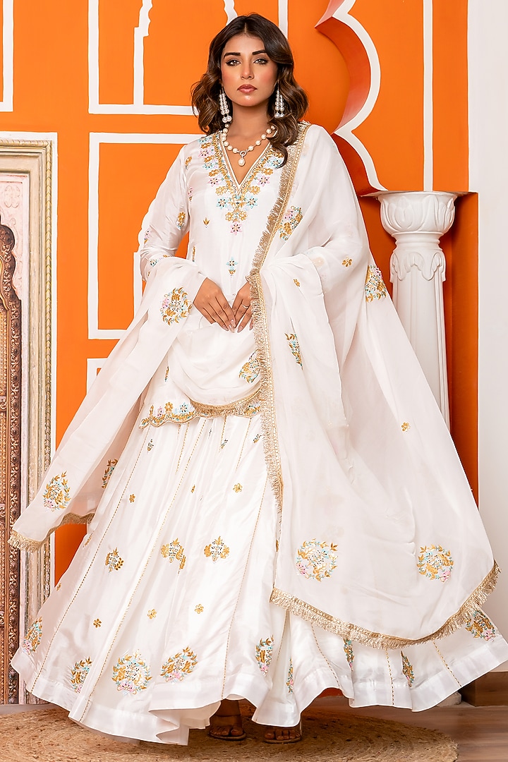 Ivory Pure Spun Silk Gota Patti Embroidered Wedding Lehenga Set by Yuvrani Jaipur at Pernia's Pop Up Shop