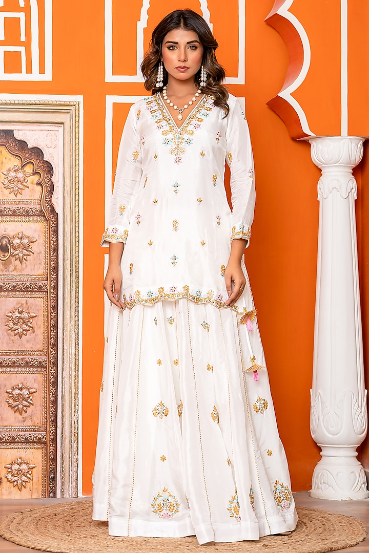 Ivory Pure Spun Silk Gota Patti Embroidered Wedding Lehenga Set by Yuvrani Jaipur at Pernia's Pop Up Shop