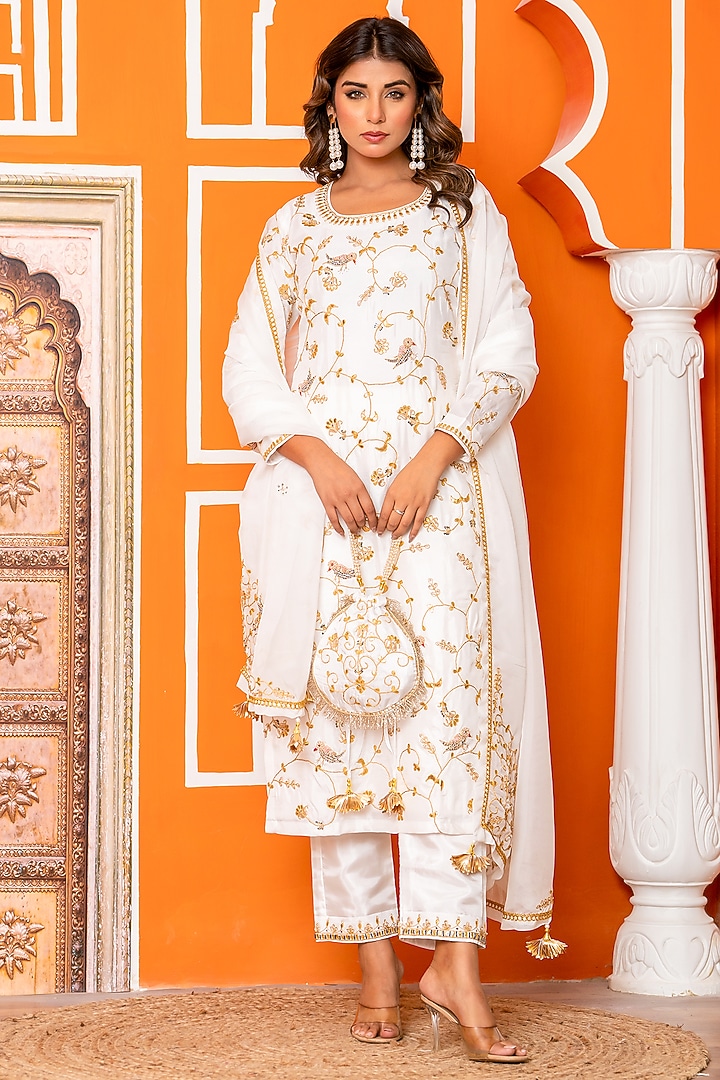 Ivory Pure Spun Silk Marodi Embroidered Kurta Set by Yuvrani Jaipur at Pernia's Pop Up Shop
