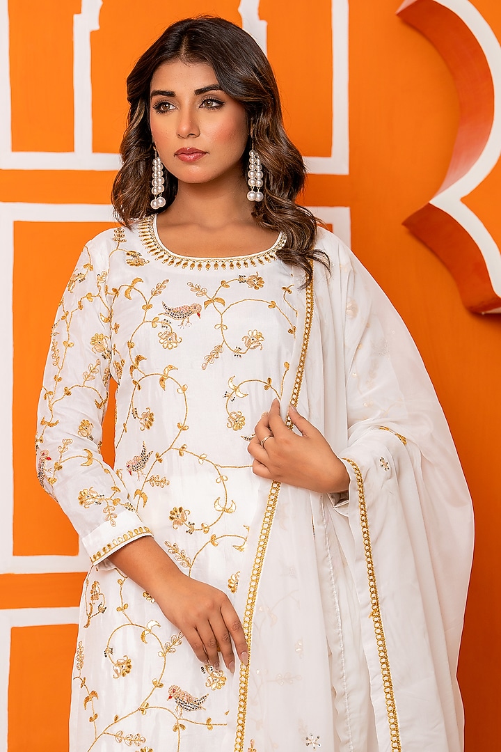 Ivory Pure Spun Silk Marodi Embroidered Kurta Set by Yuvrani Jaipur at Pernia's Pop Up Shop