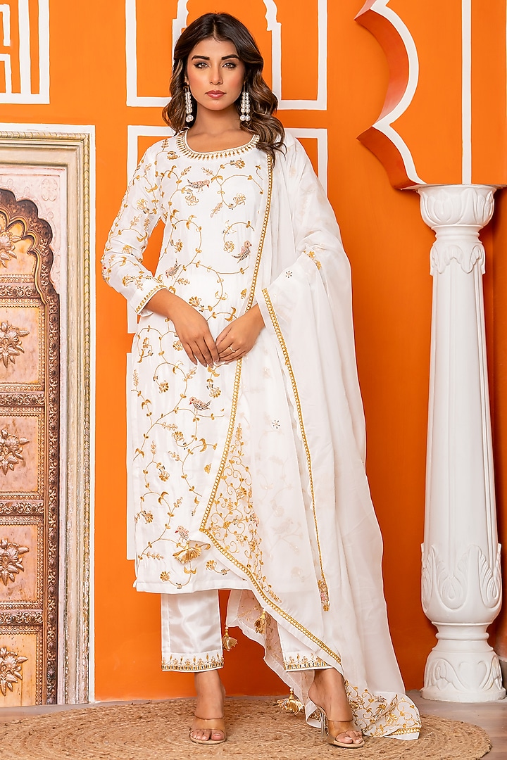 Ivory Pure Spun Silk Marodi Embroidered Kurta Set by Yuvrani Jaipur at Pernia's Pop Up Shop
