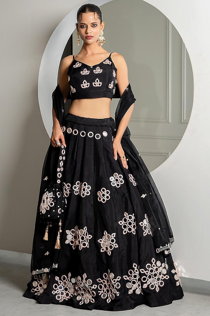 Black Silk Mirror Work Wedding Lehenga Set by Yuvrani Jaipur at Pernia's Pop Up Shop