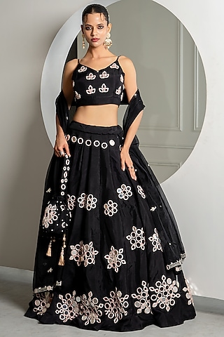 Black Silk Mirror Work Lehenga Set by Yuvrani Jaipur
