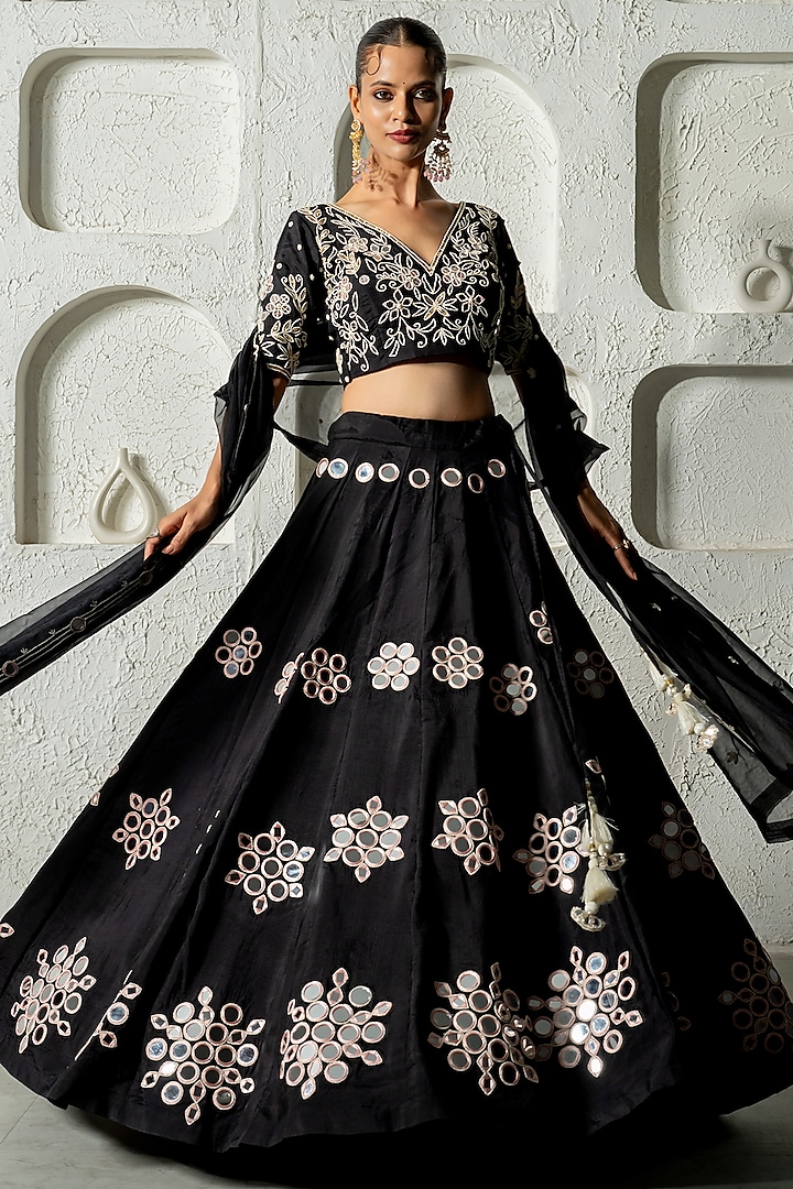 Black Silk Mirror Work Wedding Lehenga Set by Yuvrani Jaipur at Pernia's Pop Up Shop