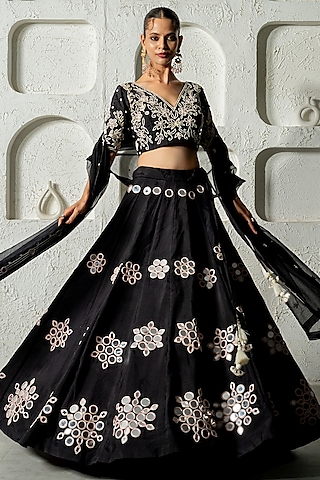 Black Silk Mirror Work Lehenga Set by Yuvrani Jaipur
