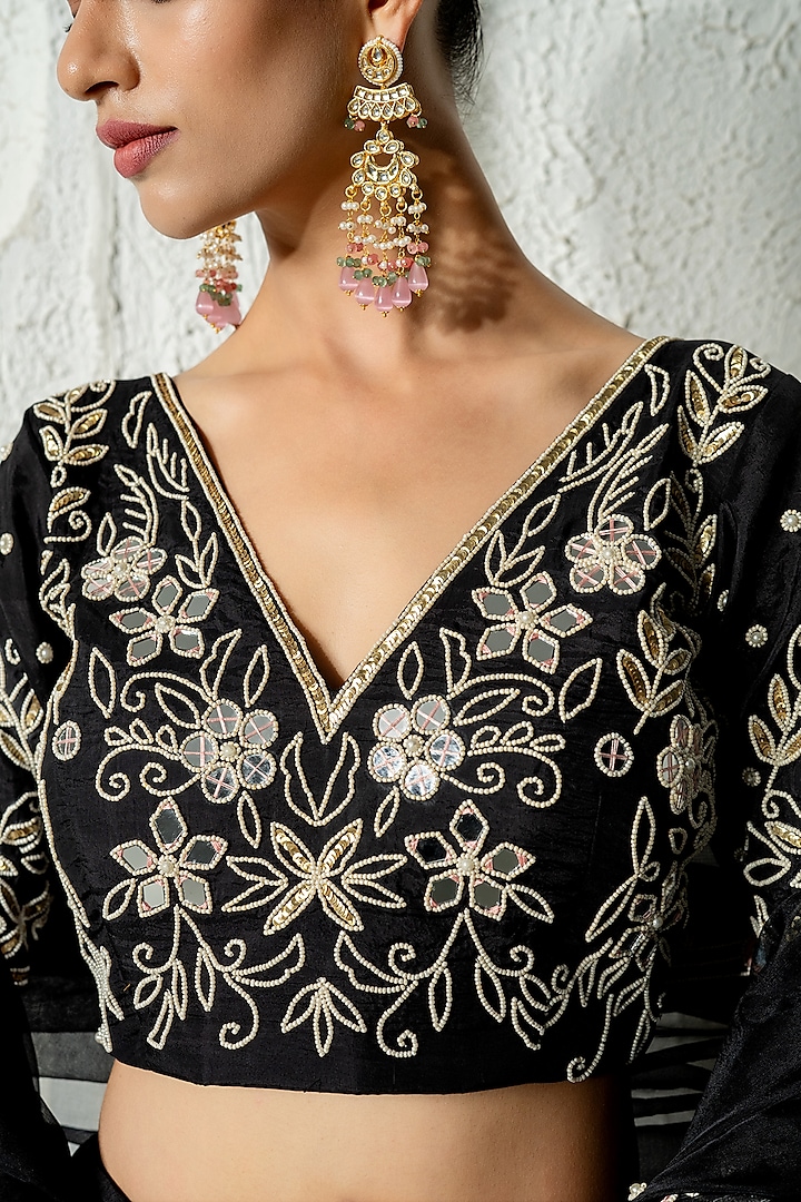 Black Silk Mirror Work Wedding Lehenga Set by Yuvrani Jaipur at Pernia's Pop Up Shop