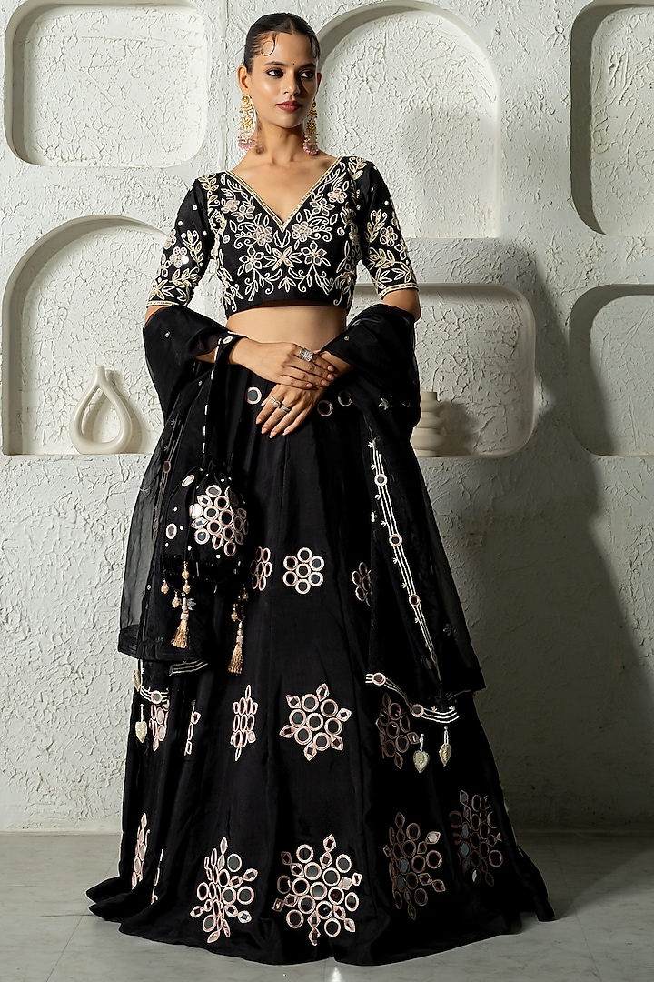 Black Silk Mirror Work Wedding Lehenga Set by Yuvrani Jaipur at Pernia's Pop Up Shop