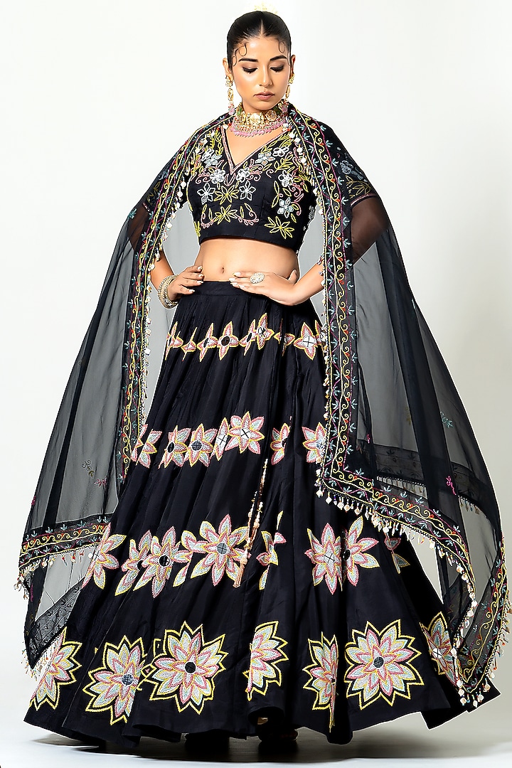 Black Silk Mirror Work Wedding Lehenga Set by Yuvrani Jaipur at Pernia's Pop Up Shop