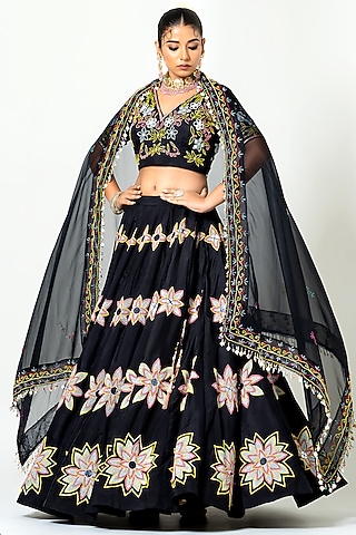 Black Silk Mirror Work Lehenga Set by Yuvrani Jaipur