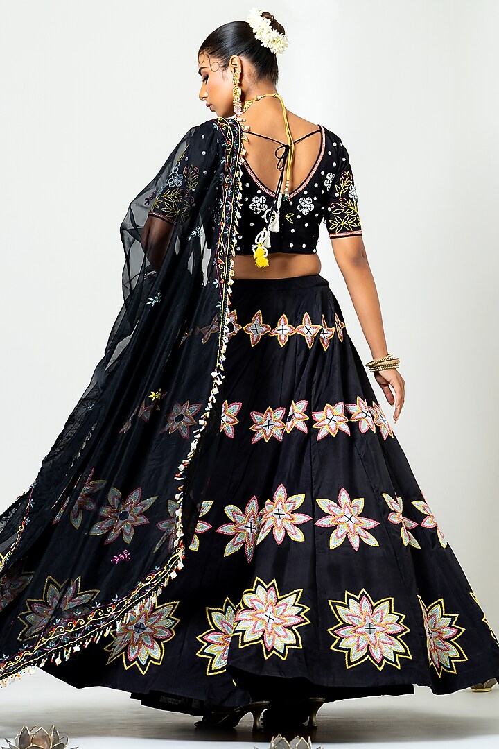 Black Silk Mirror Work Wedding Lehenga Set by Yuvrani Jaipur at Pernia's Pop Up Shop