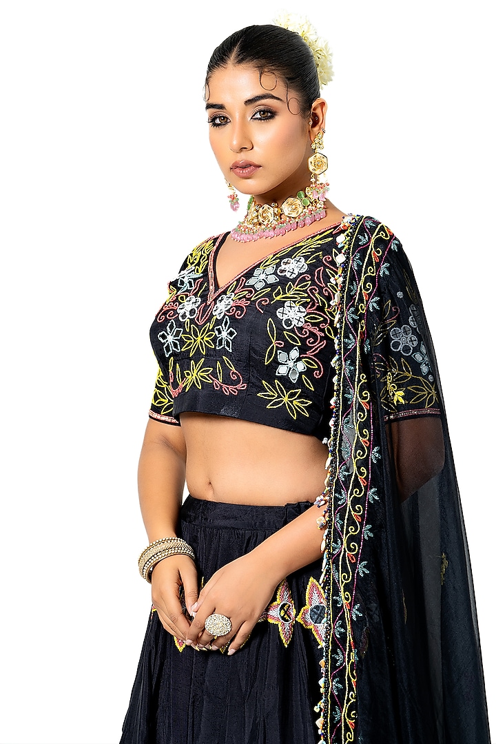 Black Silk Mirror Work Wedding Lehenga Set by Yuvrani Jaipur at Pernia's Pop Up Shop