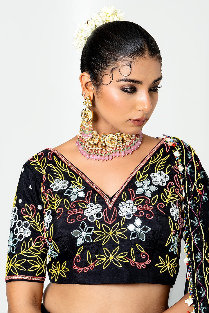 Black Silk Mirror Work Wedding Lehenga Set by Yuvrani Jaipur at Pernia's Pop Up Shop