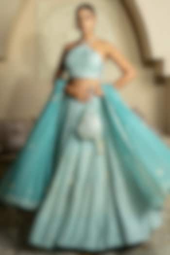 Firozi Blue Silk Pearl Work Wedding Lehenga Set by Yuvrani Jaipur at Pernia's Pop Up Shop