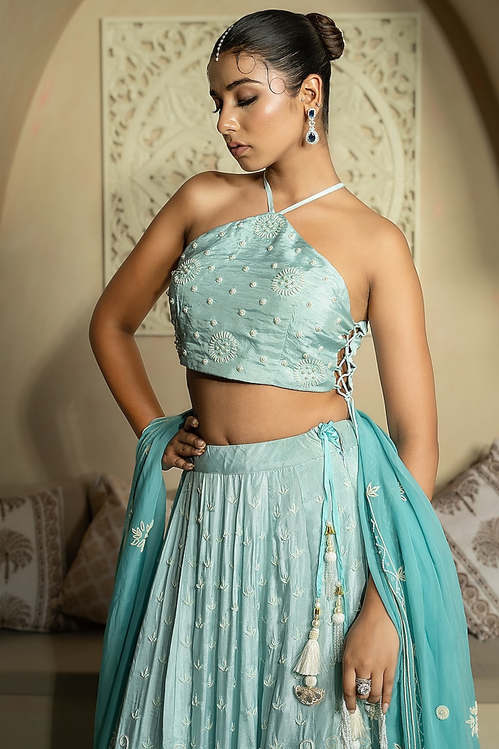 Firozi Blue Silk Pearl Work Wedding Lehenga Set by Yuvrani Jaipur at Pernia's Pop Up Shop