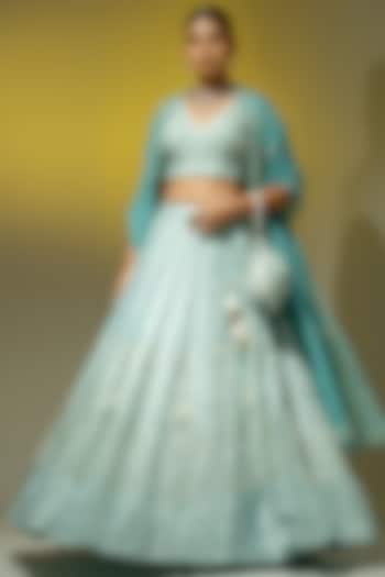 Firozi Blue Silk Pearl Work Wedding Lehenga Set by Yuvrani Jaipur at Pernia's Pop Up Shop