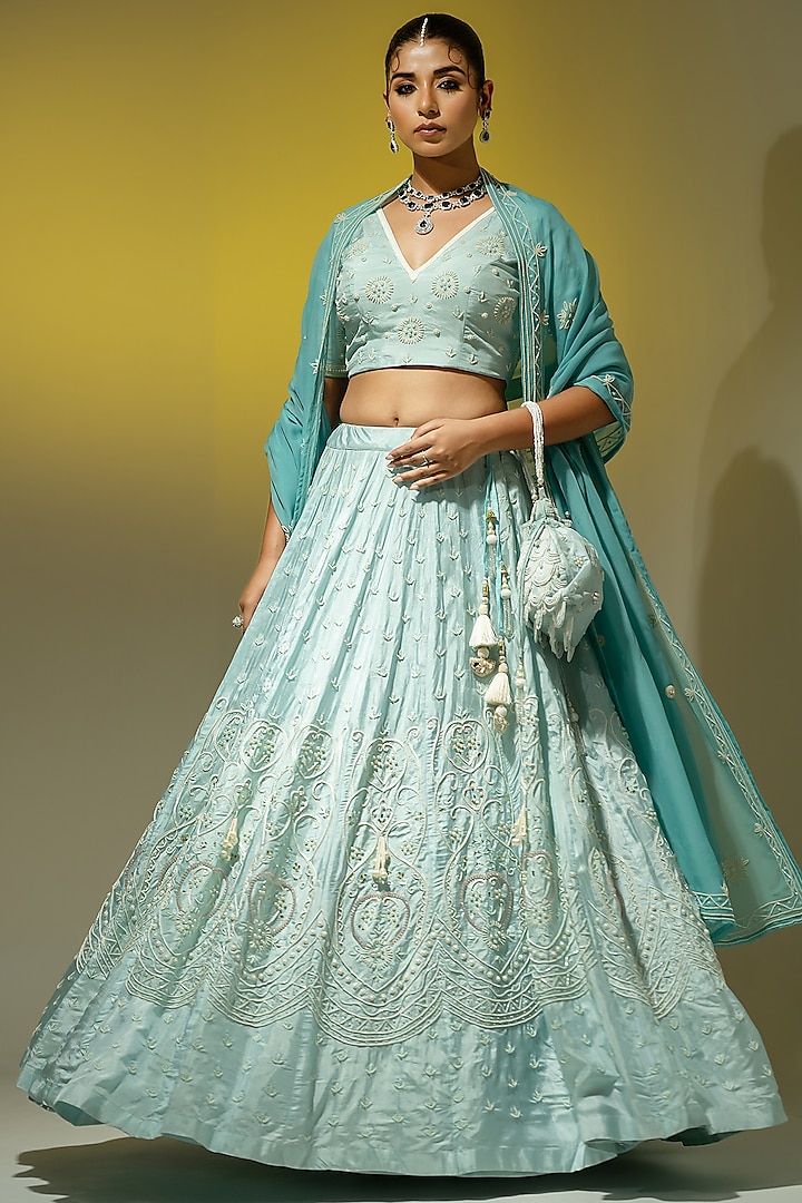 Firozi Blue Silk Pearl Work Wedding Lehenga Set by Yuvrani Jaipur at Pernia's Pop Up Shop