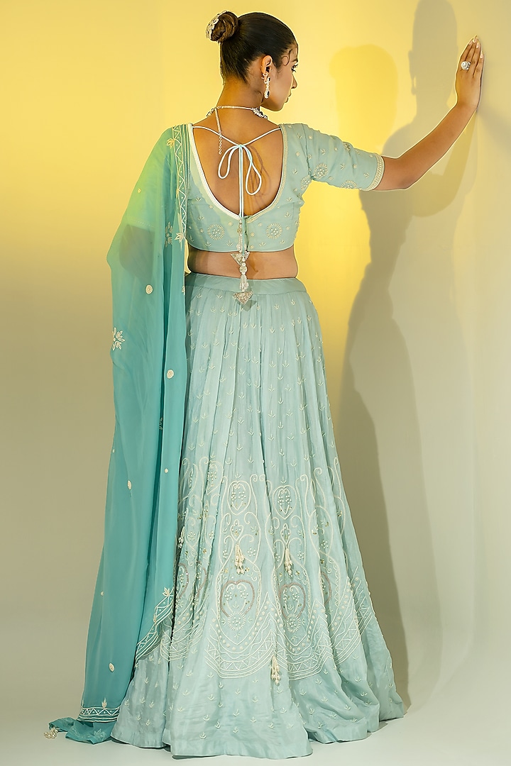 Firozi Blue Silk Pearl Work Wedding Lehenga Set by Yuvrani Jaipur at Pernia's Pop Up Shop