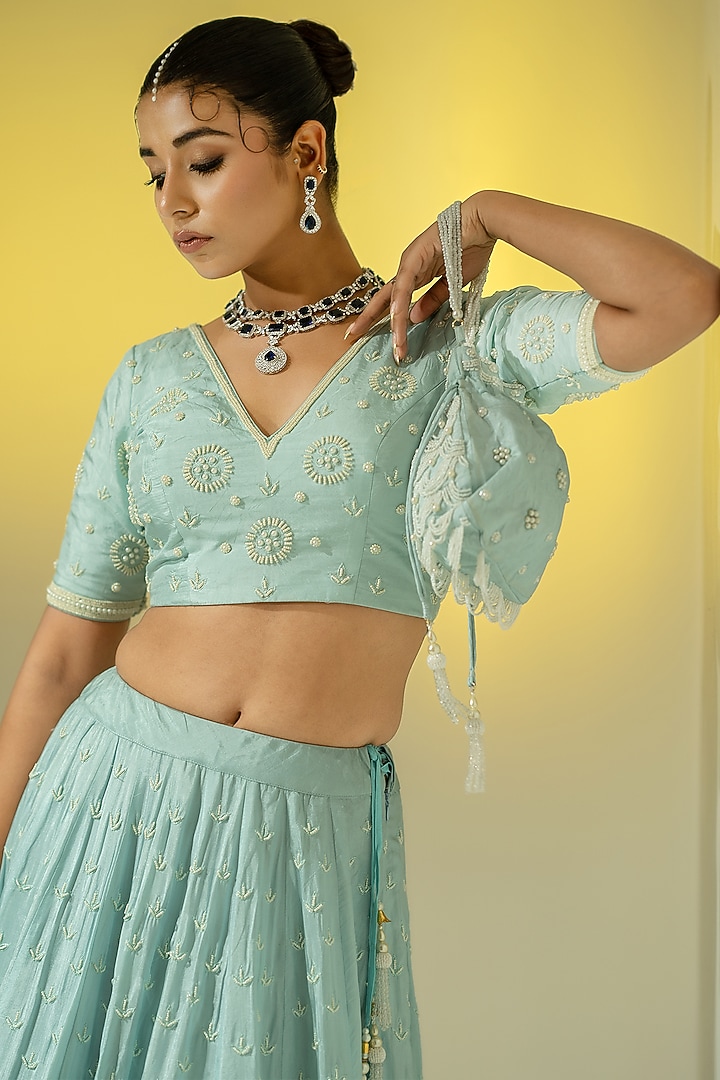 Firozi Blue Silk Pearl Work Wedding Lehenga Set by Yuvrani Jaipur at Pernia's Pop Up Shop