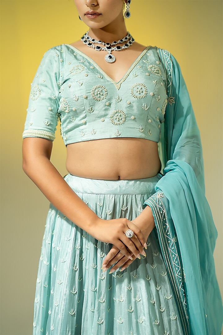 Firozi Blue Silk Pearl Work Wedding Lehenga Set by Yuvrani Jaipur at Pernia's Pop Up Shop