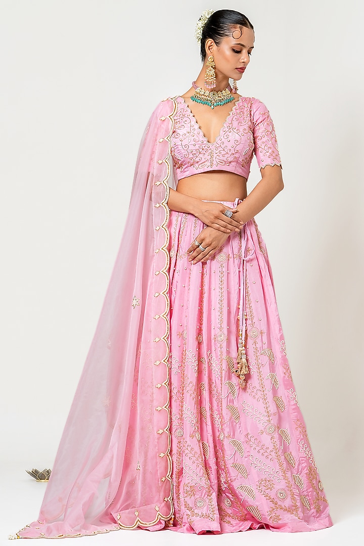 Baby Pink Silk Hand Embroidered Wedding Lehenga Set by Yuvrani Jaipur at Pernia's Pop Up Shop
